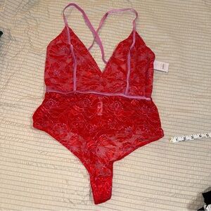 NWT AUDEN Red Pink Lace Thong Bodysuit XL